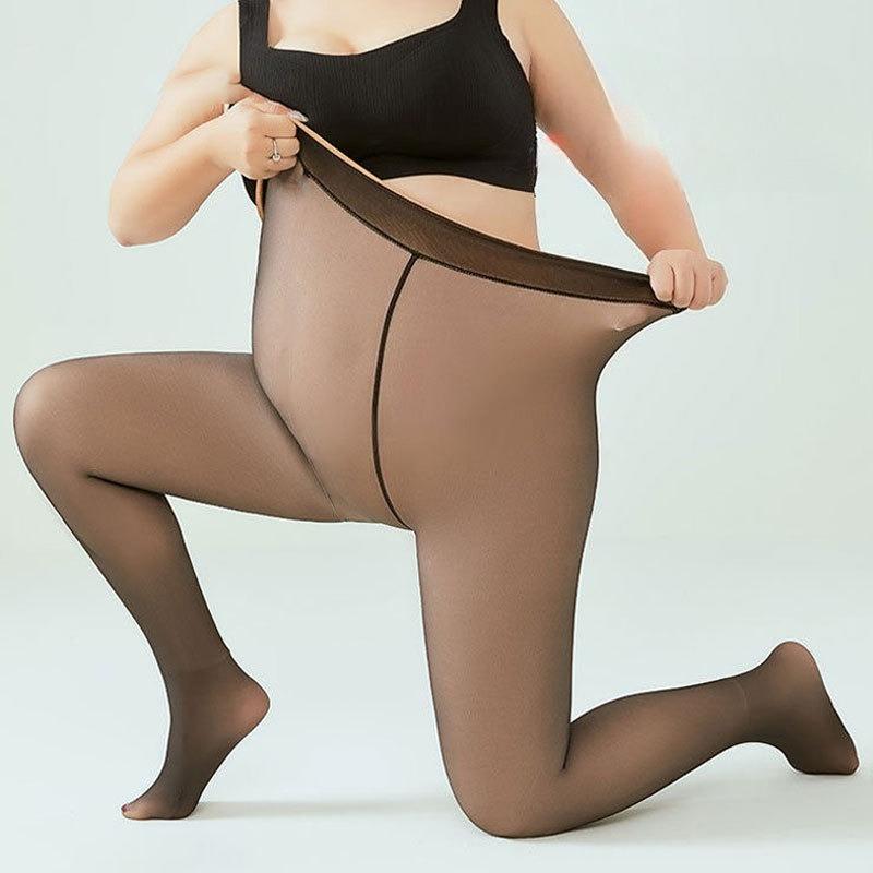 Women's Black See-Through Fake Sheer Flesh Thickened Fleece Lined Pantyhose Autumn Winter Outer Wear Leggings