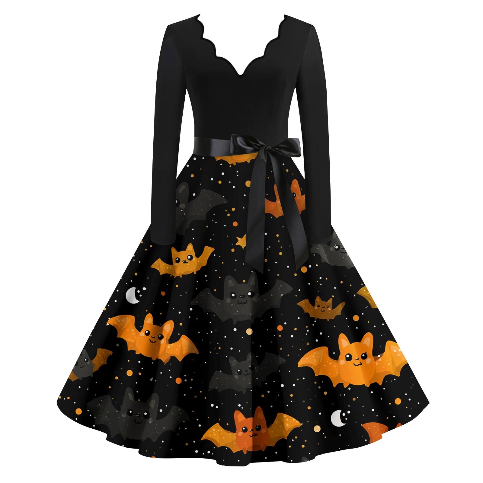 

Женские модные платья с волнистым краем, V-образным вырезом, повседневные, облегающие, с принтом на Хэллоуин, с длинным рукавом L чёрный