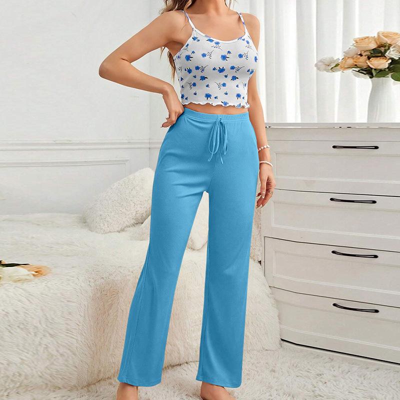 Summer Sling Pajamas Set Women Pants and Sleeveless Tops Set Round Neck Sleepwear Girls Flower Print Loungewear Homewear Pyjamas S синий