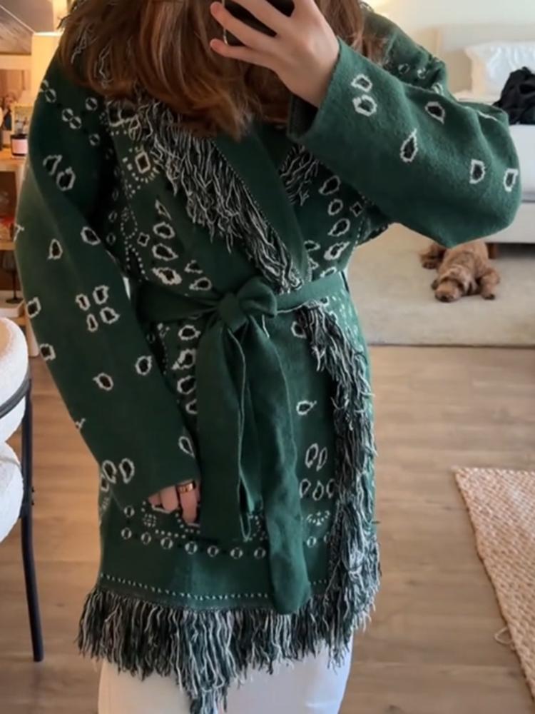 Женский воротник, галстук с длинным рукавом, подчеркивающий талию, шаль с кисточками, вязаный кардиган L зелёный
