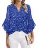 Women's Three Quarter Sleeve Blouse V Neck Business Casual Solid Color Chiffon Shirt Ruffle Hem Loose Fit Office Daily Wear Top