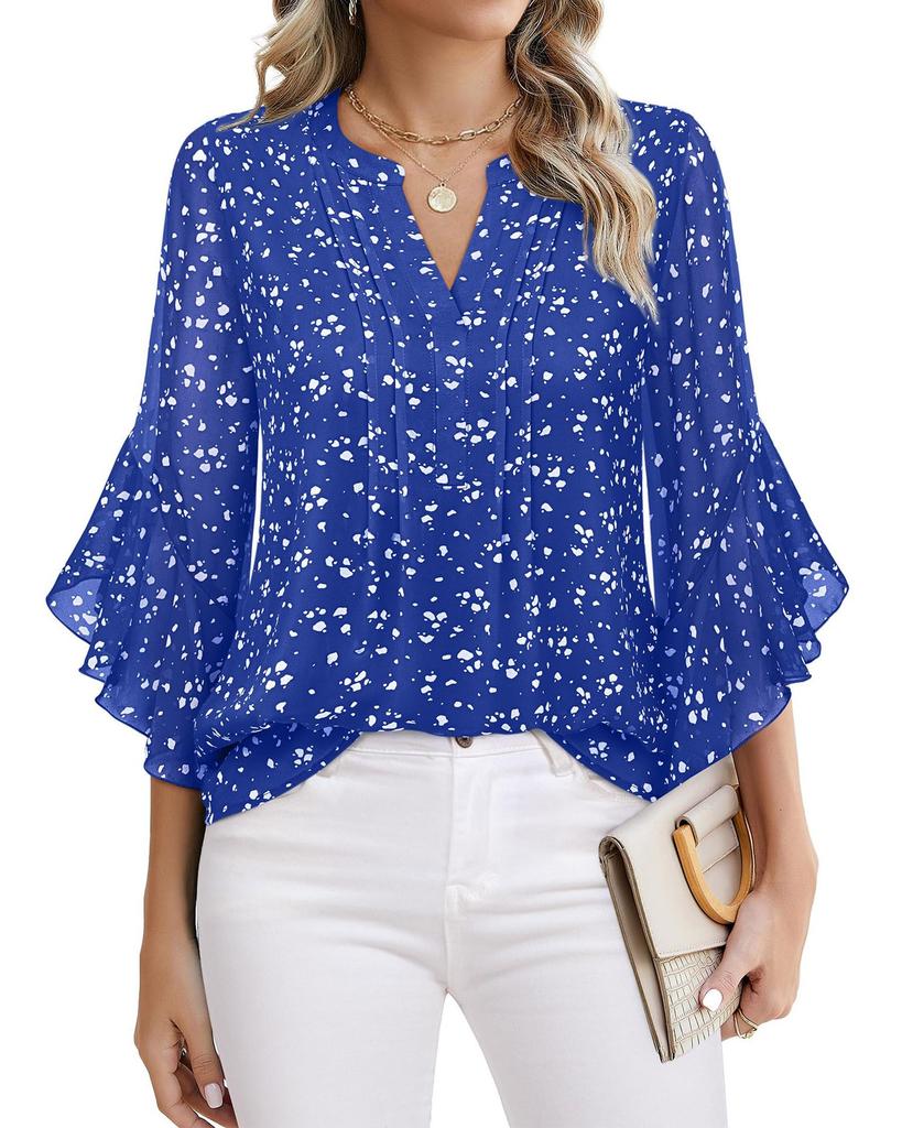 Women's Three Quarter Sleeve Blouse V Neck Business Casual Solid Color Chiffon Shirt Ruffle Hem Loose Fit Office Daily Wear Top