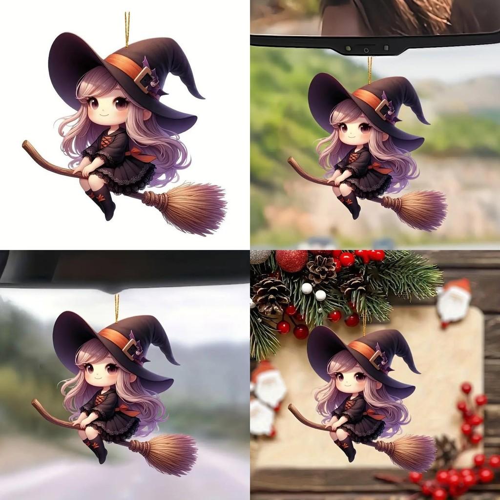 Car Acrylic Halloween Decoration Pendant Cartoon Witch Broom Supplies Interior