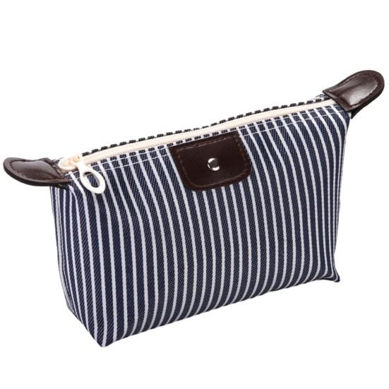 Striped Cosmetic Bag Zippered Portable Bag Foldable Small Makeup Stylish Toiletry Bag темно-синий