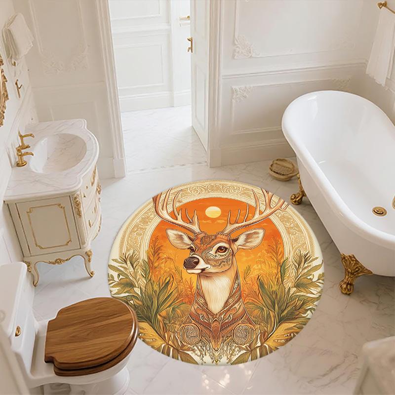 Vintage Sunset Deer Head,Round Area Rug,Carpet Rug for Living Room Bedroom Sofa Playroom Decor,Non-slip Floor Mat