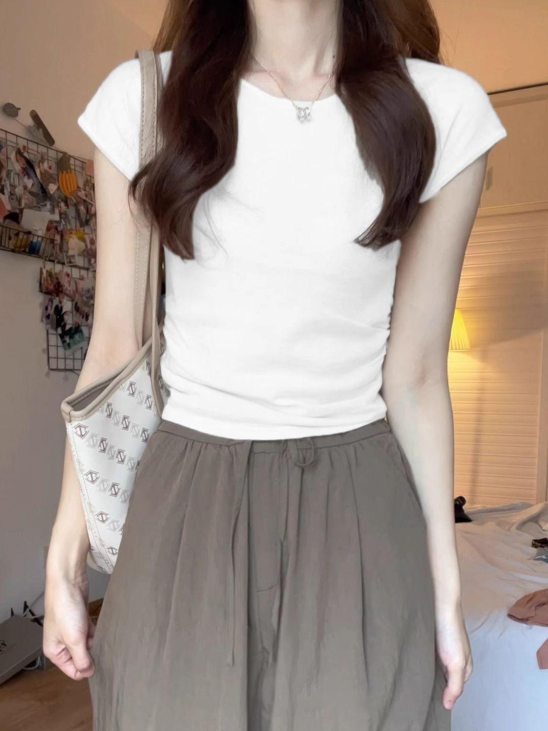 

2025 Women s Chic High-Waist Slimming Short Sleeve Retro T-Shirt L белый