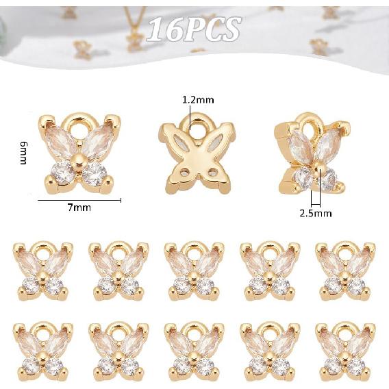 UNICRAFTALE 16Pcs Micro Pave Clear Crystal Rhinestone Pendants Real 18K Gold Plated Butterflies Pendants Glass Crystal Butterfly Charms for Necklace
