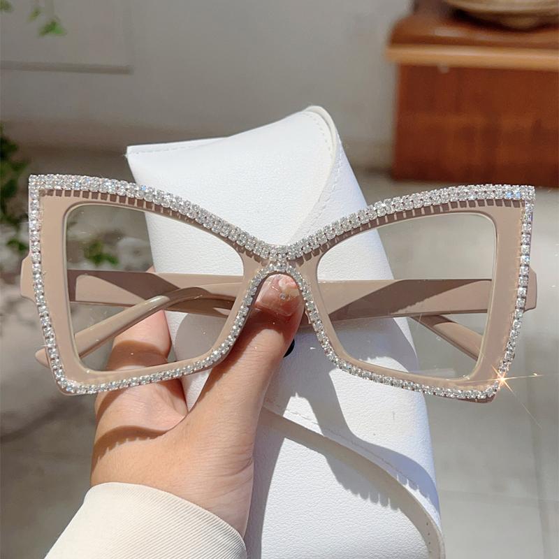 Trendy Retro Oversize Cat Eye Frame Women Crystal Shiny Decor Glasses Blue Light Blocking Ins Brand Design Eyewear