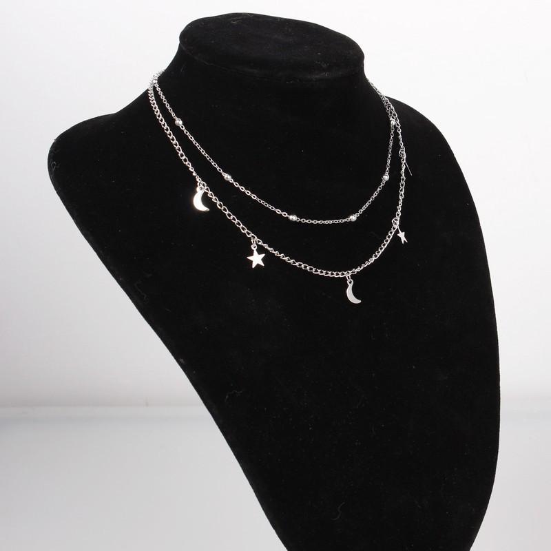 Korean Style Double Necklace with Moon and Star Pendant