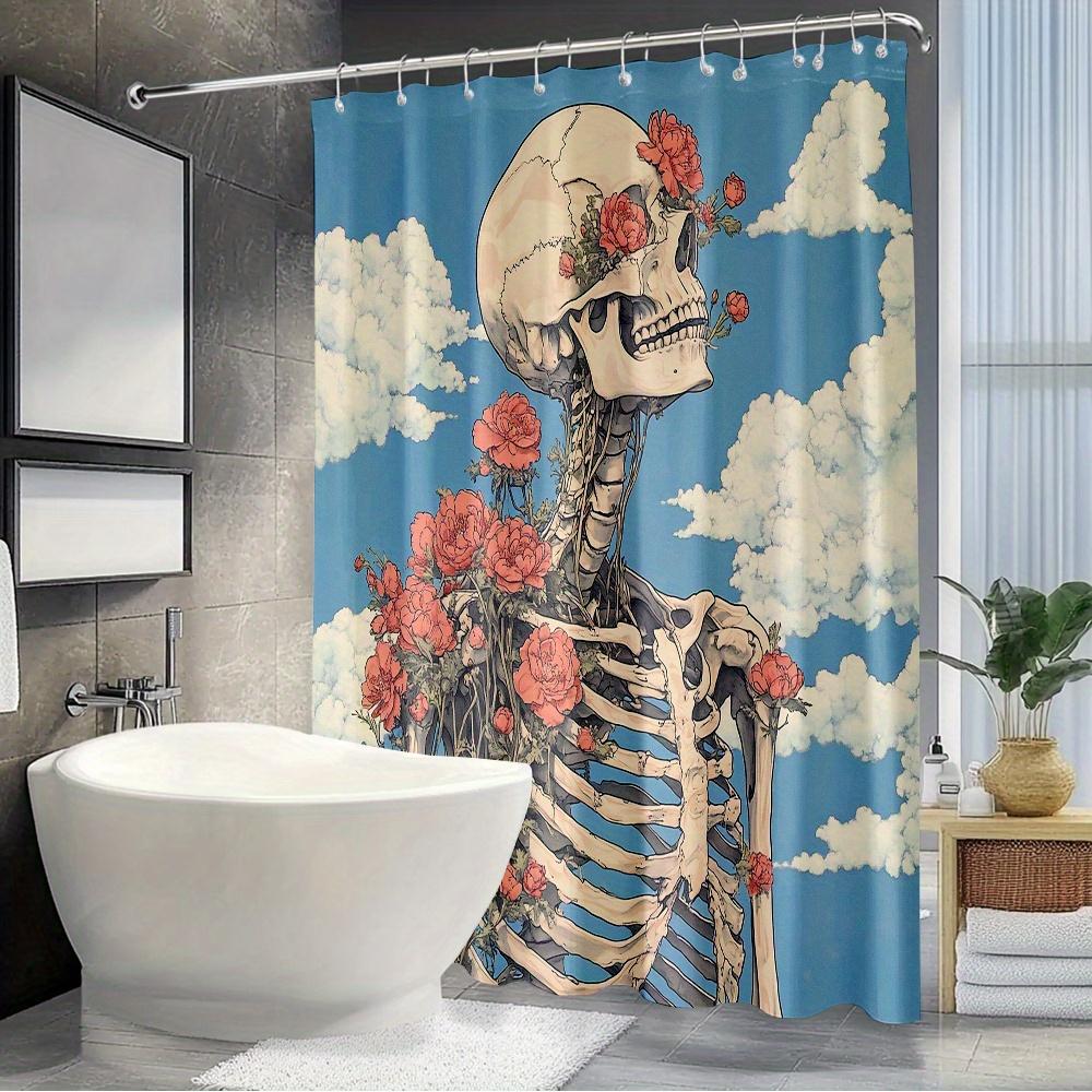 Artistic Floral Skeleton Shower Curtain - Unique Skeleton & Roses with Clouds,Washable Polyester,Ideal for Bathroom & Yard Decor