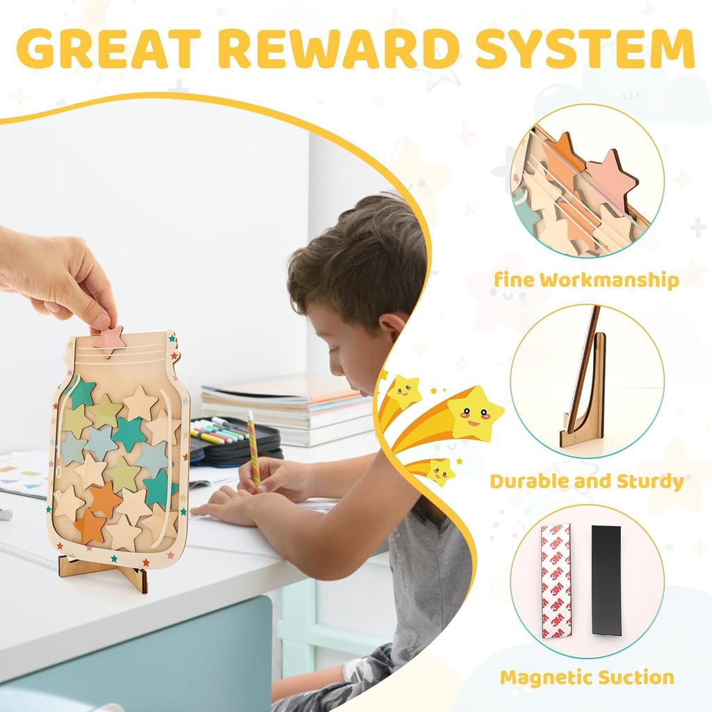 Magnetic Star Jar Reward System for Kids - Classroom & Home Behavior Chart with Stars - Wooden Motivational Jar for Potty Training, Chores,