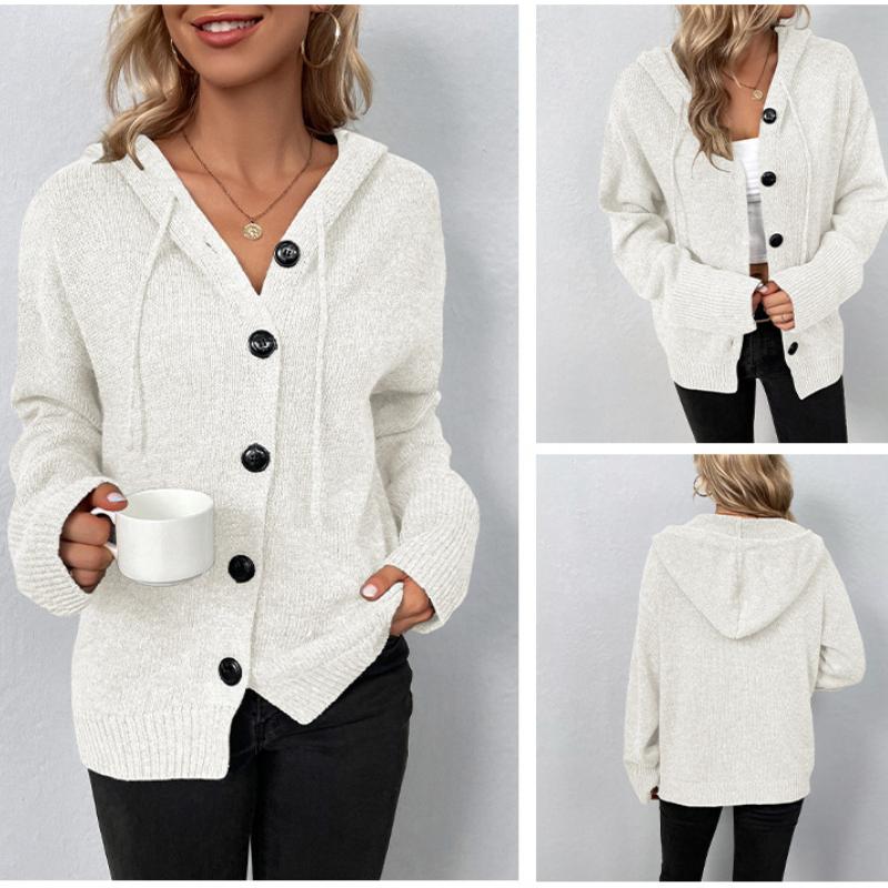 Damen Casual Einreihig Solide Pullover Strickjacke Herbst Winter Kapuzenjacke Mode Streetwear Lose Mäntel