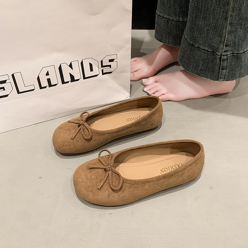 Fashion Women's Fashion Soft Sole Flat Shoes Spring Round Head Cow Suede Butterfly Knot Anti-slip Wear Light Single Shoes