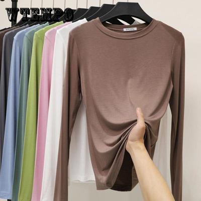 Γυναικείο Μακρυμάνικο T-shirt Άνοιξη και Φθινόπωρο Κορεατική Έκδοση Φαρδύ Στρογγυλή Λαιμόκοψη Μεταξωτό Ice Silk Βασικό Μπλουζάκι Top