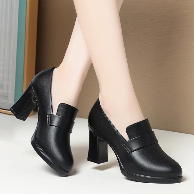 High heels for women, new spring and autumn women's shoes, deep mouth single shoes, mother leather shoes,  black work shoes