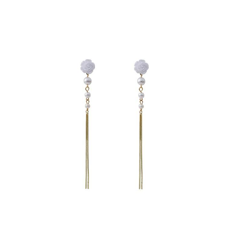 Super Fairy White Camellia Pearl Fringed Earrings, Long Face-Showing Small Earrings, Mori Ear Clips, French Temperament Earrings.
