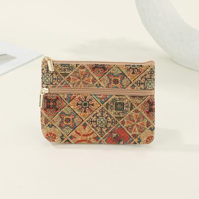 Modische Kork-Münzbörse Ethnischer Stil Doppellagiger Reißverschluss Geldbörse Luxus Retro Clutch Tasche Geldbörsen