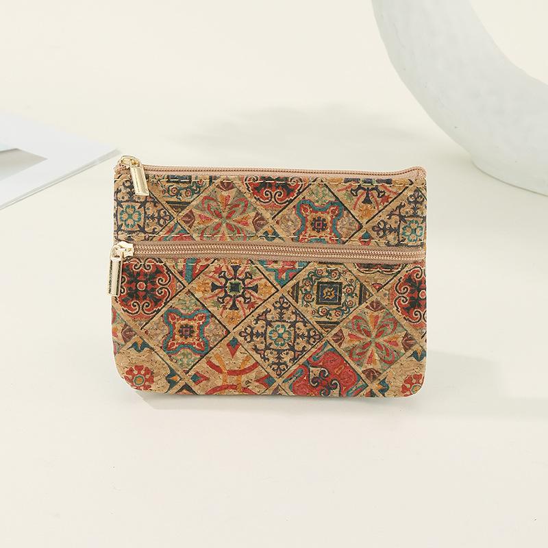 Fashion Cork Coin Purse Ethnic Style Double Layer Zipper Money Bag Luxury Retro Clutch Pocket Wallets
