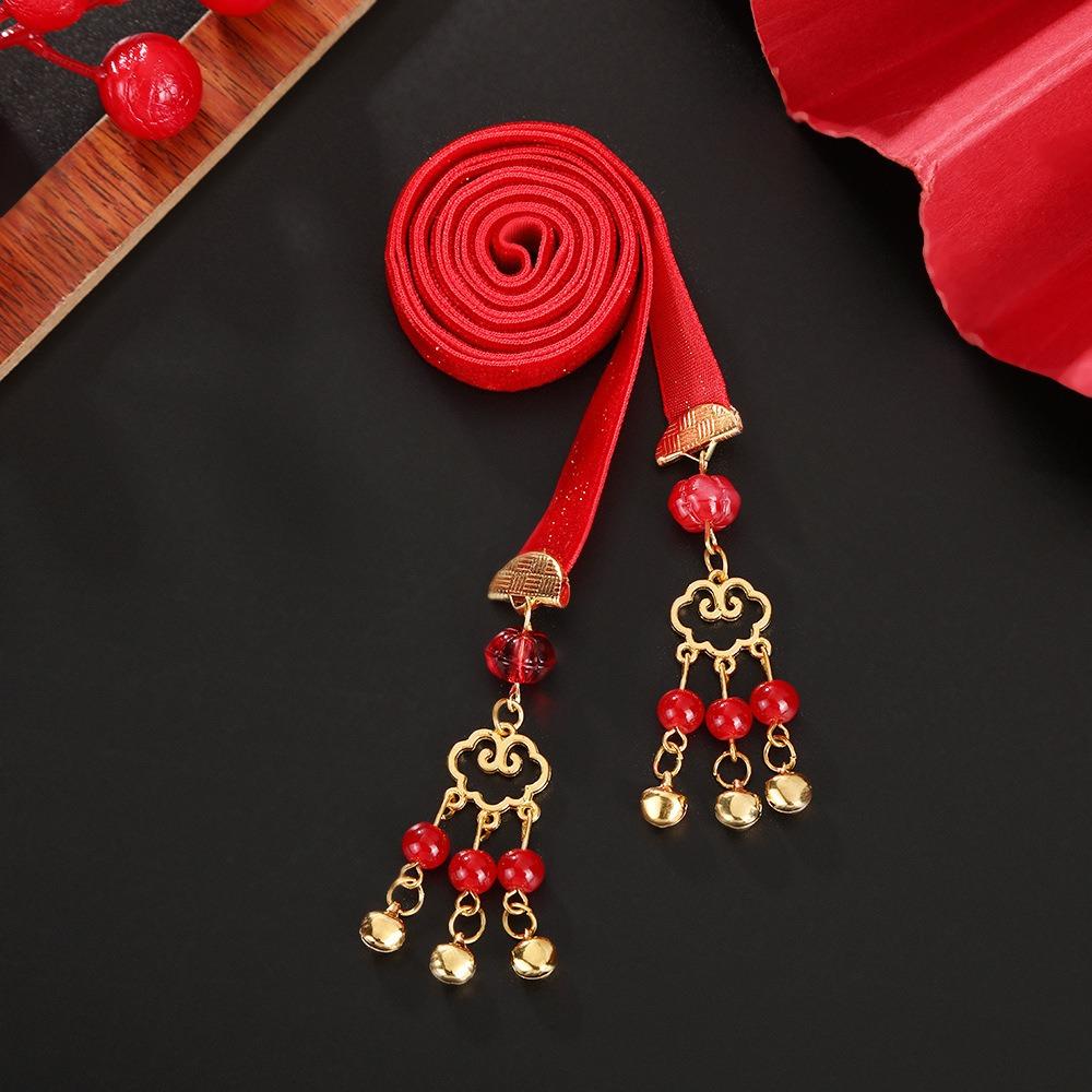 Tassel Satin Red Long Headband Bell Chinese Long Hairband New Year Hair Rope  Winter