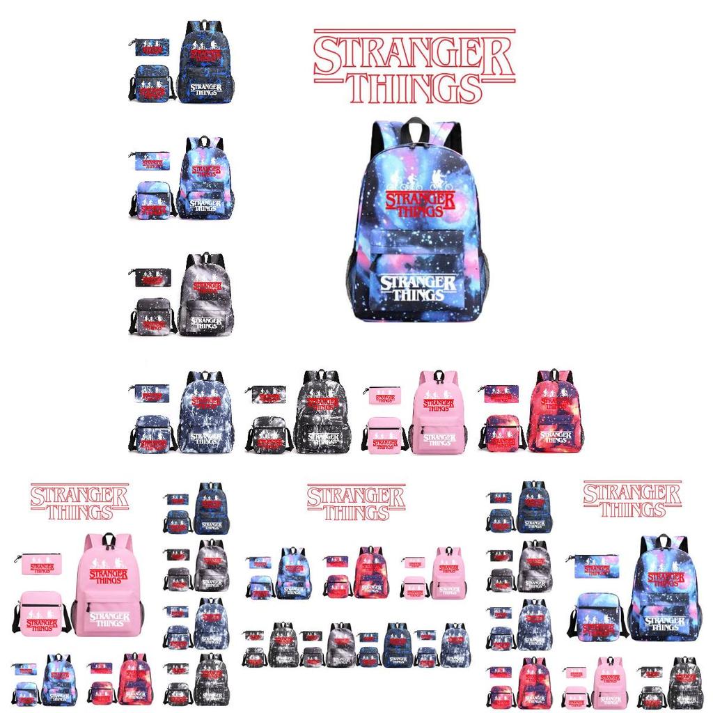Stylish Stranger Things Canvas Backpack Set Includes Shoulder Bag And Pencil Case Perfect For Casual Travel