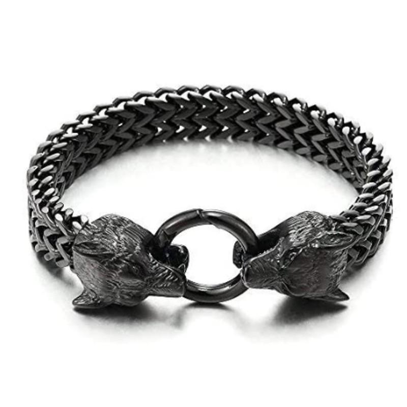 Mitología Nórdica Acero de Titanio Pulsera Cabeza de Lobo Vikingo - Joyería Vintage para Hombre que no se Desvanece
