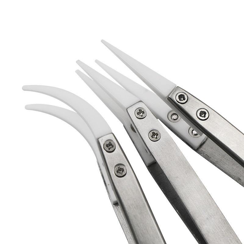 Stainless Steel Tweezers with White Ceramic Tips: Straight & Bent, Heat & Corrosion Resistant.