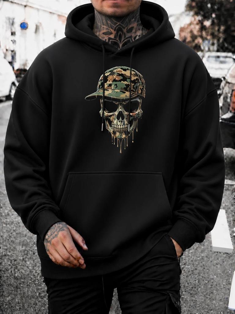 unisex Hoodie, Halloween, Camo Skull Graphic, Pullover Sweatshirt, Streetwear Style, Autumn Winter Casual Wear, Front Pocket And Drawstring Hood