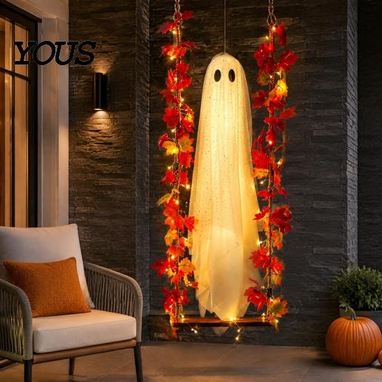 Realistic Fabric Ghost Light Up Hanging Swinging Halloween Decoration with Remote Control, Large White Spooky Outdoor Yard Decor Ornament Maple Leaves
