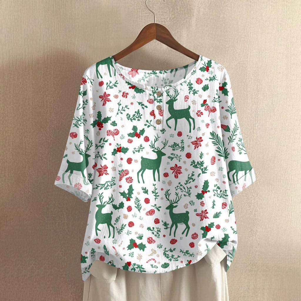 Women's Fashionable And Casual Shirt Half-sleeve Round Neck Print Cotton And Linen Blouse Top
