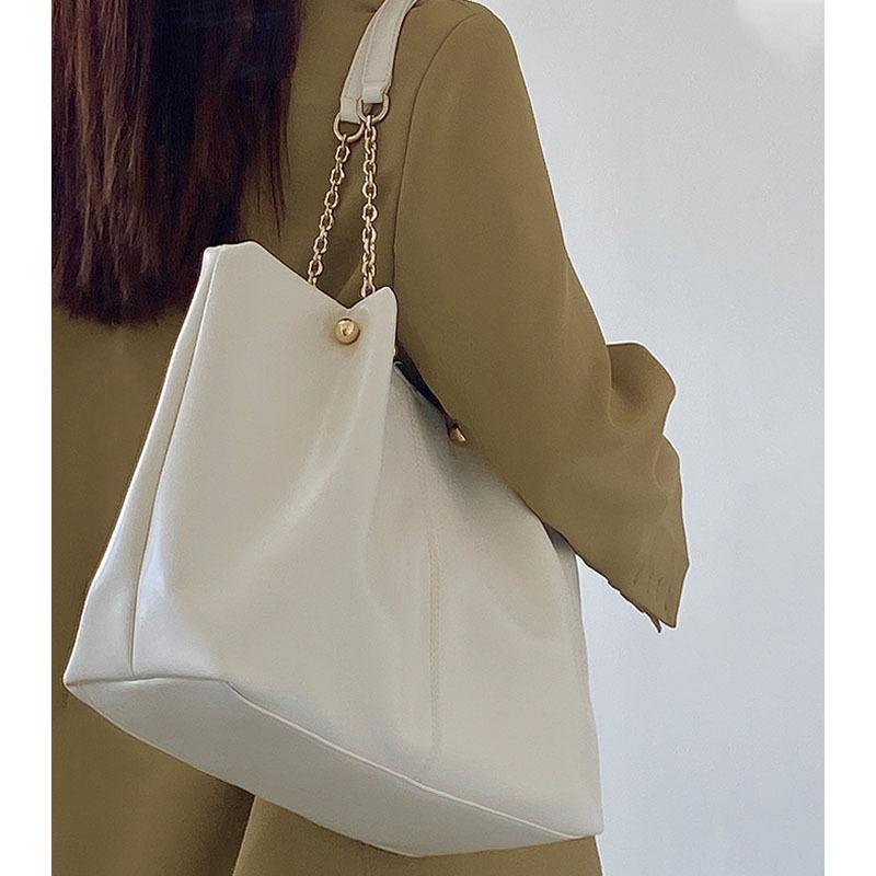 Large Capacity Women's One Shoulder Bags Chain PU Leather Vintage Casual Ladies European Style Black/White Solid Spring Handbags