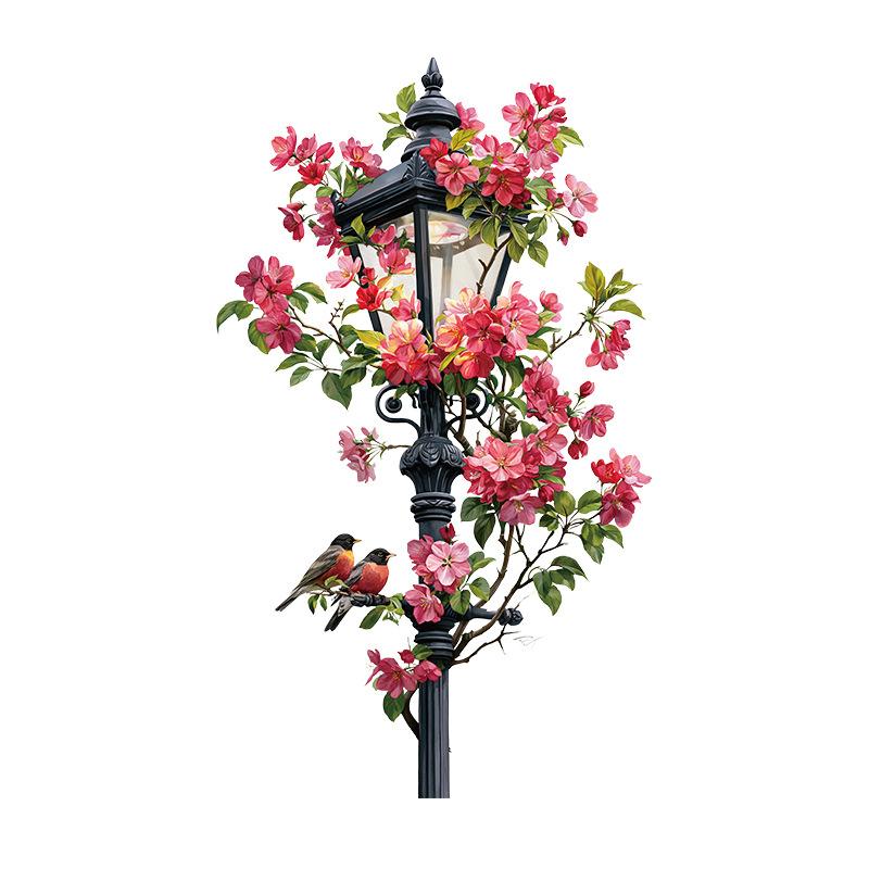 Retro Street Lamp Pink Floral Bird Wall Sticker Self Adhesive Waterproof Living Room Entryway Decor