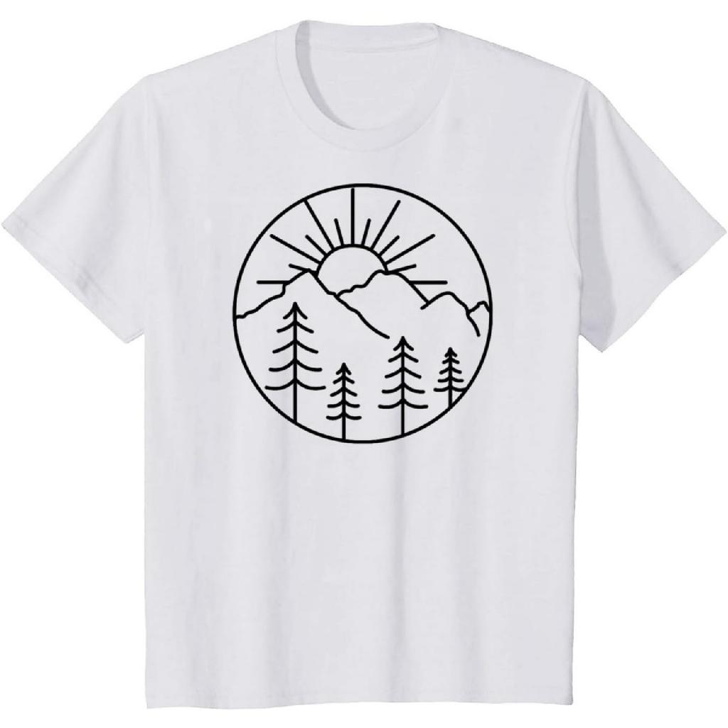 Sunset Tree Mountain Tshirt Women Camping Nature Lovers Retro Sun Print Graphic Tee Casual Short Sleeve Top