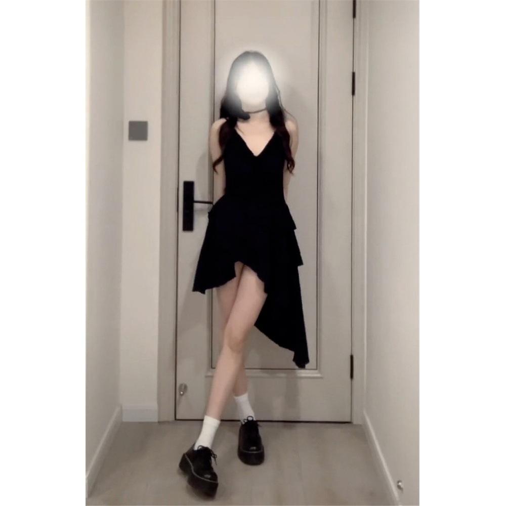 Black V-neck Dress Women's Casual Women's Autumn New Temperament Split Banquet Evening Dress Long Dress