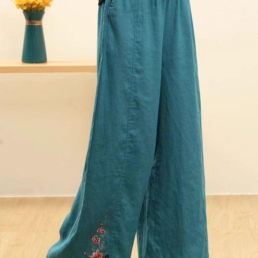 Women's Retro Embroidered Wide-Leg Cotton Linen Pants with Elastic Waist
