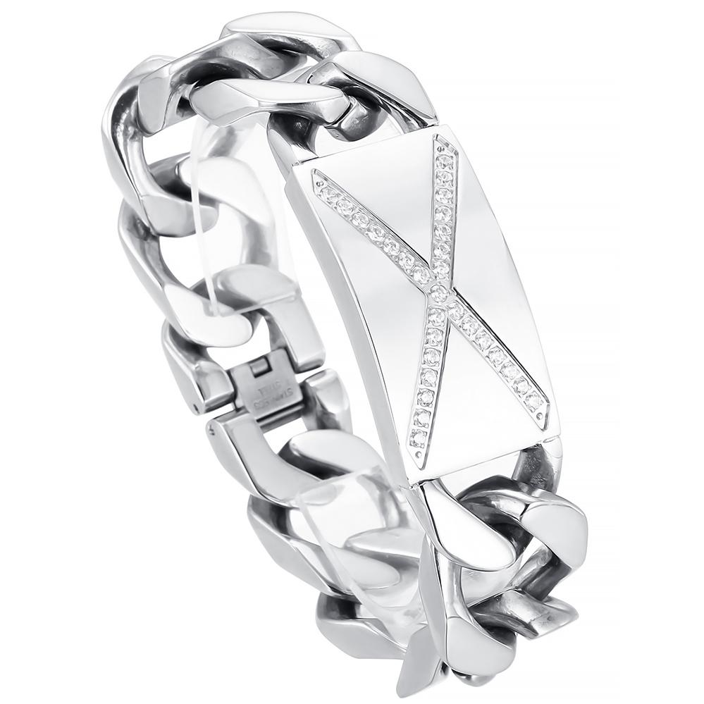 

Массивный мужской браслет шириной 20 мм, мужской браслет-цепь кубинского плетения из нержавеющей стали с кубическим цирконием, готический байкерский ювелирный аксессуар, панк 21CM серебряный