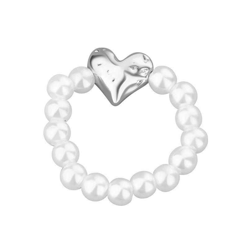 Vintage Baroque Imitation Pearl Love Heart Elastic Rope Beading Rings For Women Fashion Accessories Rings Charm Jewelry Gifts