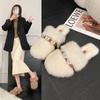 Closed-Toe Rhinestone Rabbit Fur Mule Slippers for Women, Trendy 2025 Outdoor Style