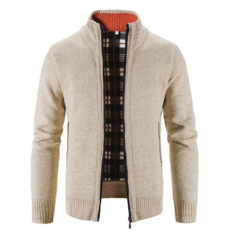 Mens Stand Collar Fleece Lined Solid Loose Knit Zip Up Long Sleeve Sweater Cardigan Coat