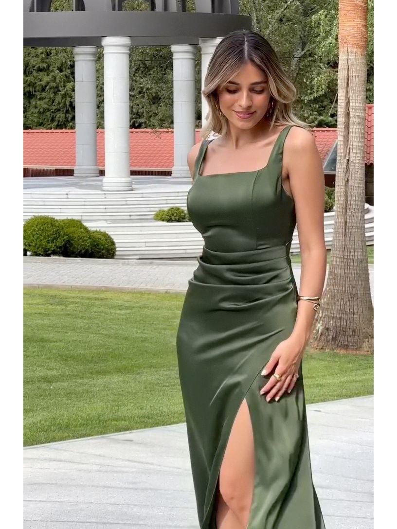 

Летнее женское однотонное платье-слинг с плиссировкой, подчеркивающее талию, с разрезом – европейский и американский стиль S оливковое зеленый