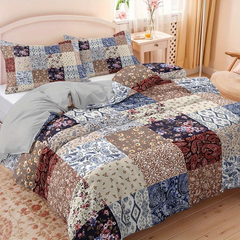 3Pcs Patchwork Floral Paisley Bedding Duvet Cover Set Bohemian Style Bedding Quilt Set Vintage Themed Bed Quilt Set Rustic