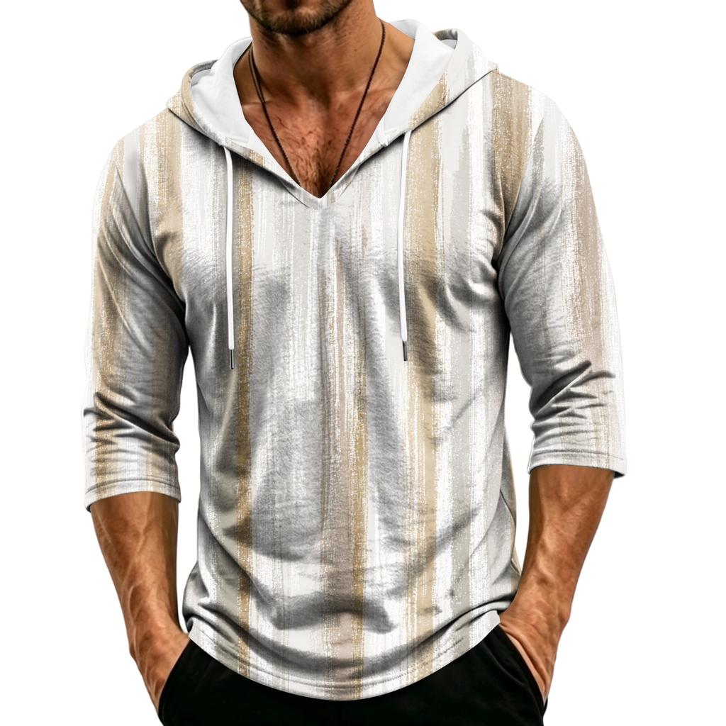 Men's Loose Fit Casual Hoodie Camouflage Pattern Three Quarter Sleeve Pullover Lightweight Breathable Hooded Shirt for Outdoor Activities