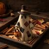 Harvest Festival Entryway Displays Lighted Patchwork Ghost Resin Figurine with Pumpkin Lantern, Rustic Farmhouse Style Halloween Whimsical Autumn Home
