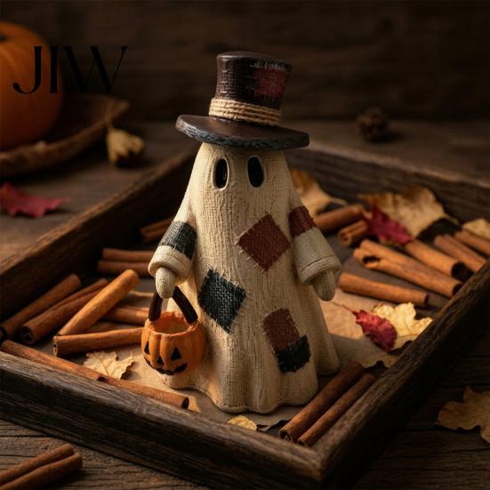 Harvest Festival Entryway Displays Lighted Patchwork Ghost Resin Figurine with Pumpkin Lantern, Rustic Farmhouse Style Halloween Whimsical Autumn Home