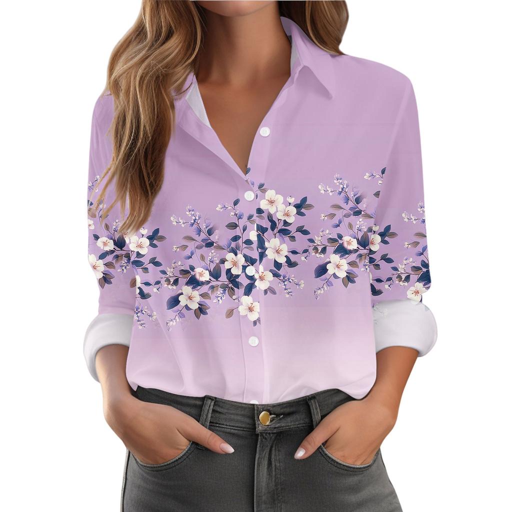 Women's Shirt With Floral Print Buttons, Long Sleeved Casual Regular Shirt Blouses Casual Plus Size Basic Tops