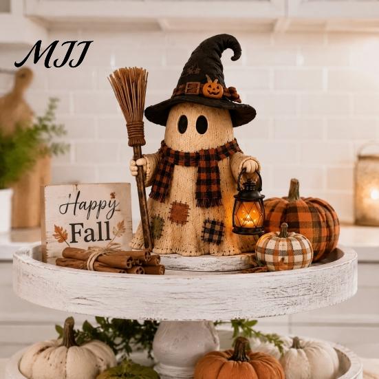 Resin Patchwork Doll Lighted Vintage Ghost Figurine with LED Lantern, Rustic Farmhouse Halloween Figurine, Cozy Mantelpiece Ornament Spooky Cute Fall