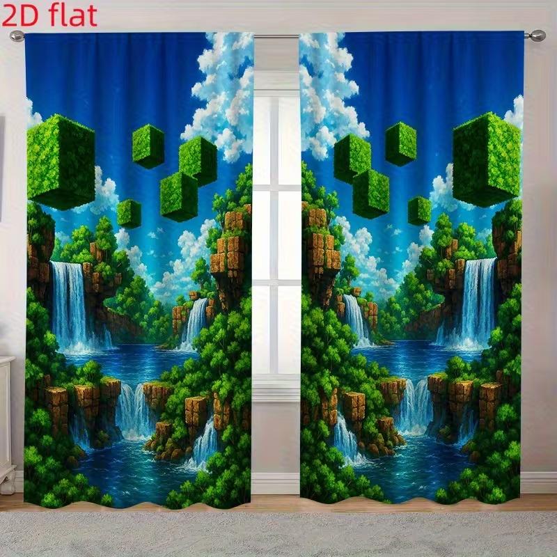 

Set Of 2 Cartoon Game Print Curtains Suitable Bedroom Living Room Kitchen Decoration Home Window Curtain Polyester Perfect For Sitting W100*H70(CM)-Hooks&1PCS