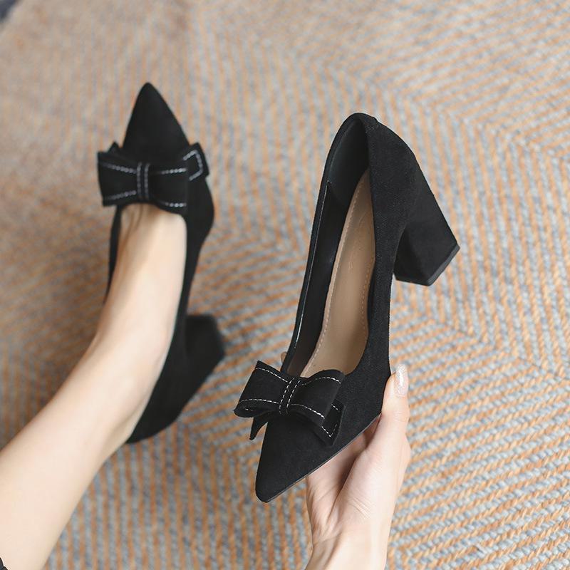 Women's French-Style Suede High Heels: Spring/Autumn 2024, Black, All-Match, Thick Heel, Shallow Mouth