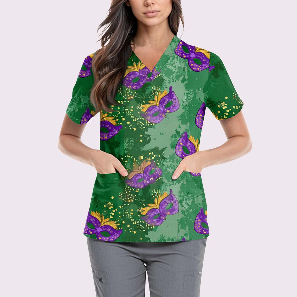 Süße bedruckte Arbeitskleidung für Damen, V-Ausschnitt, doppellagige Taschen, Basic, kurzärmeliges Oberteil, Pullover, Valentinstag