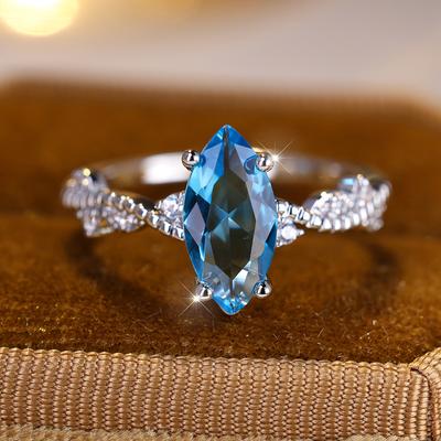 Eenvoudige mode zilveren ring met markiesslijpsel in aquablauwe zirkoon voor vrouwen, bruiloftsfeest, sieraden en cadeaus