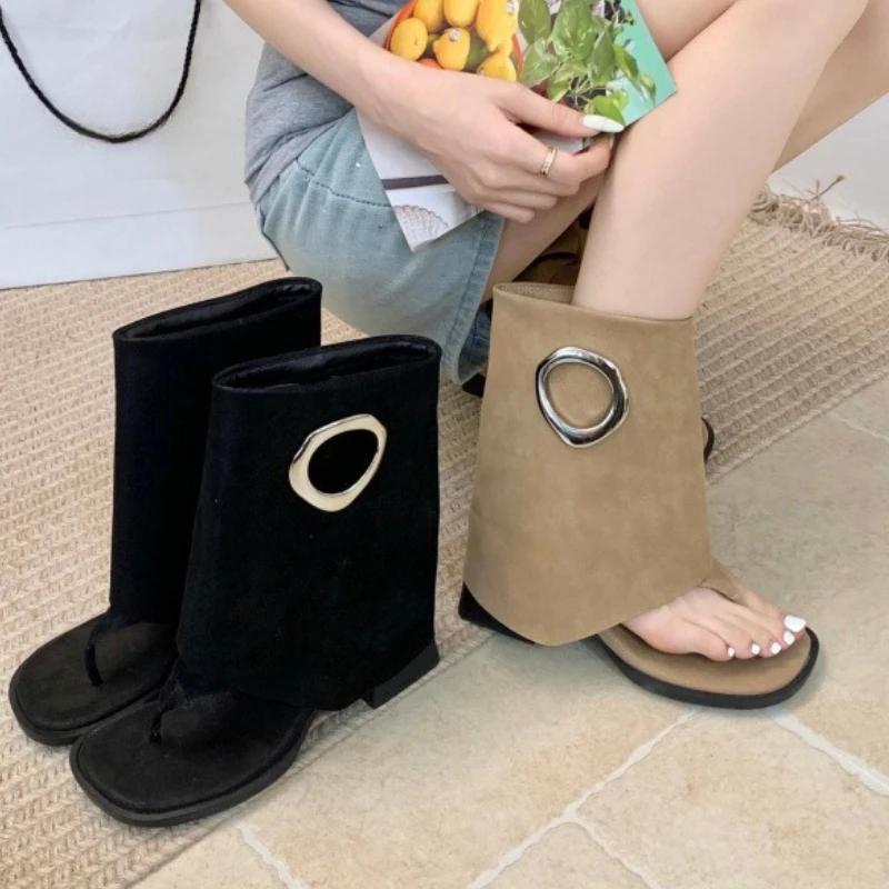 Fashion Fashion Metal Decoration Brand Ankle Boots Women High Quality Satin Clip Toe Modern Boot Retro Square Toe Flip-flops Summer Boot